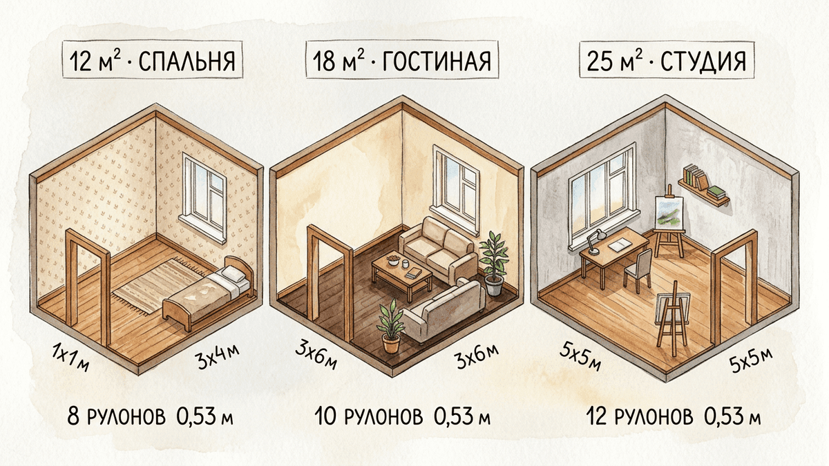 Три комнаты с расчётом обоев: спальня, гостиная, студия