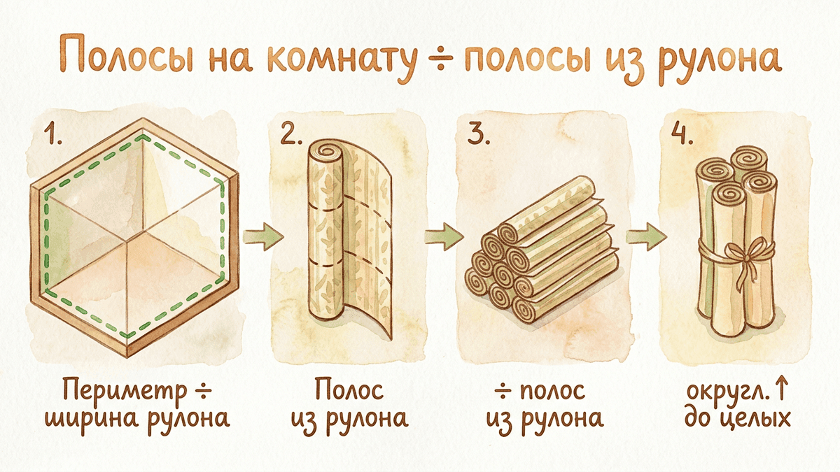 Формула расчёта обоев: число полос на комнату, число полос из рулона