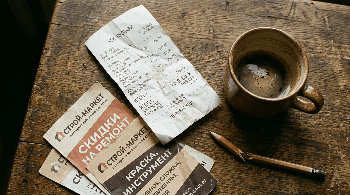 Скомканный чек, чашка кофе и флаеры строительного магазина на столе