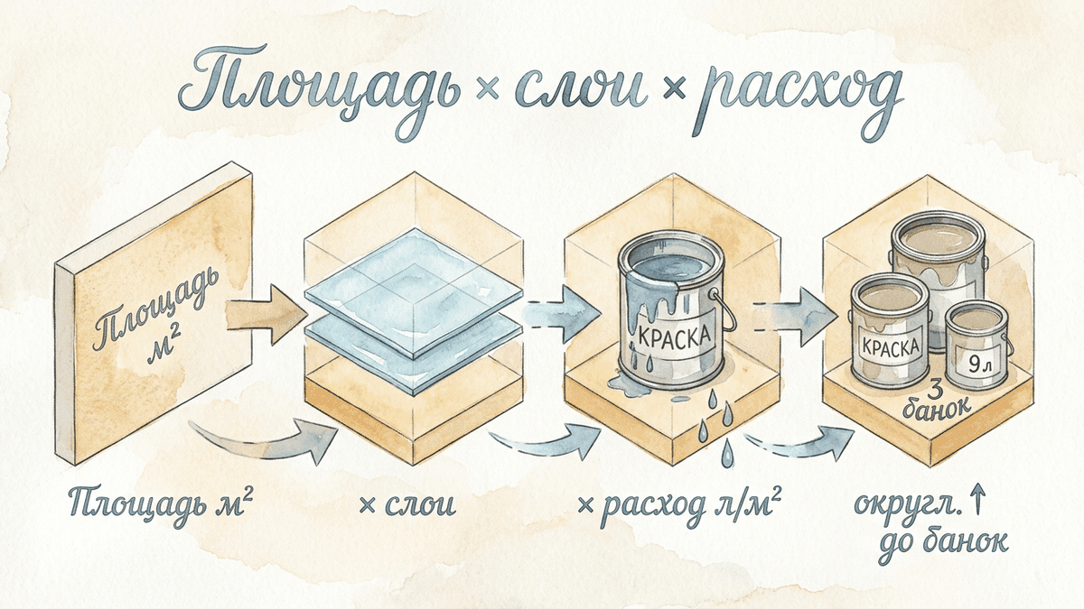 Формула расчёта расхода краски: площадь × слои × расход на м²