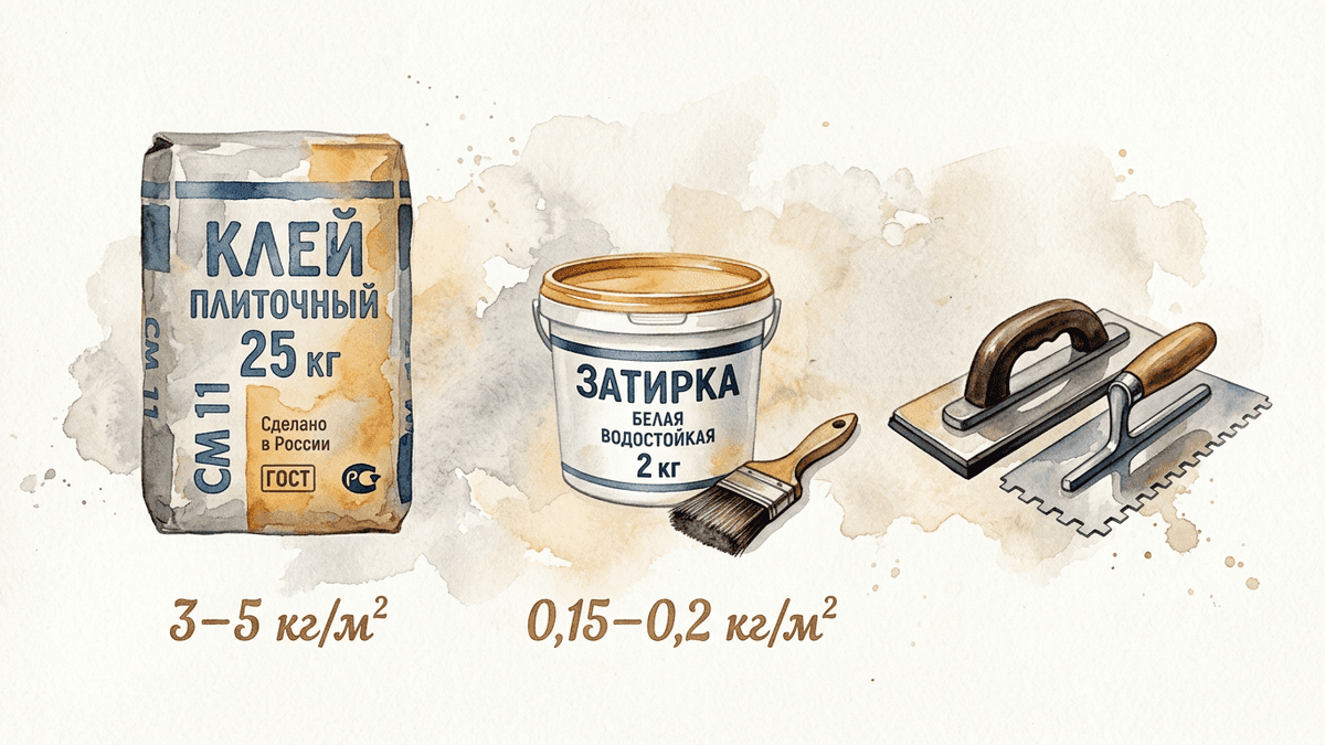 Расчёт расхода затирки и плиточного клея для ванной комнаты