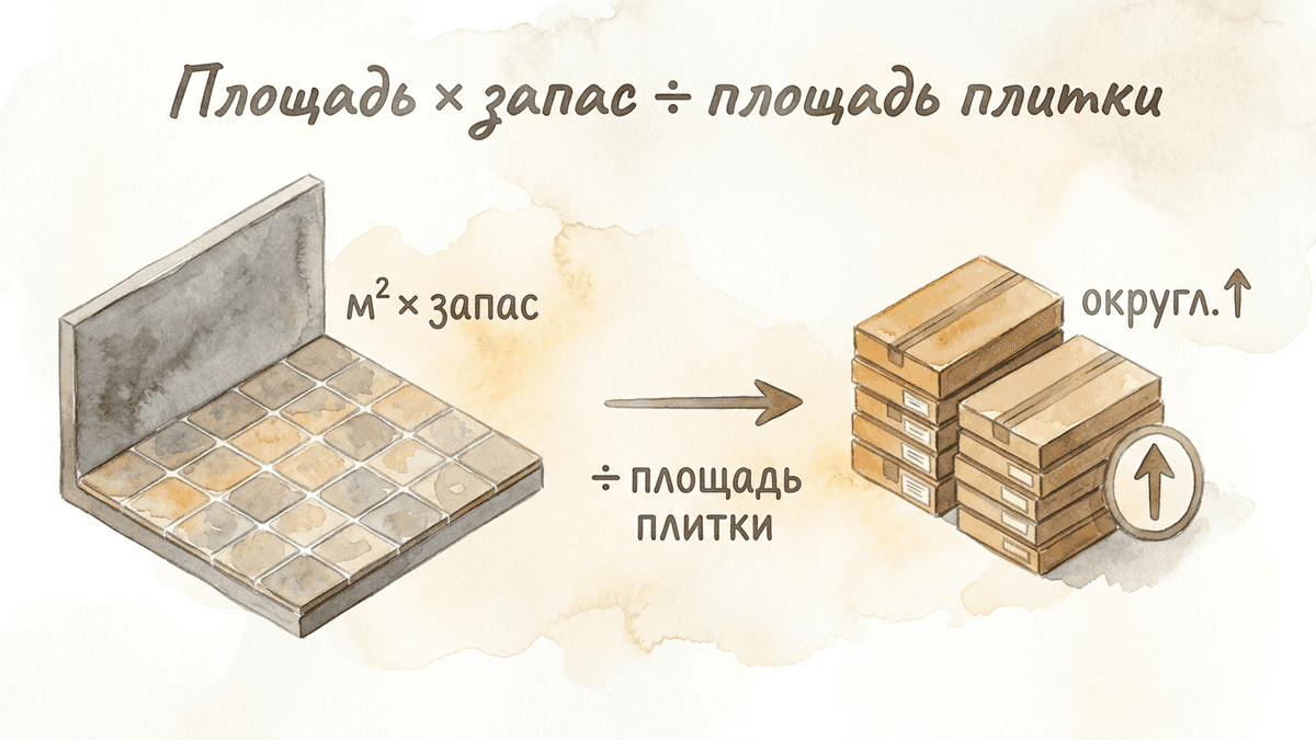 Формула расчёта расхода плитки: площадь × запас, делим на площадь одной плитки