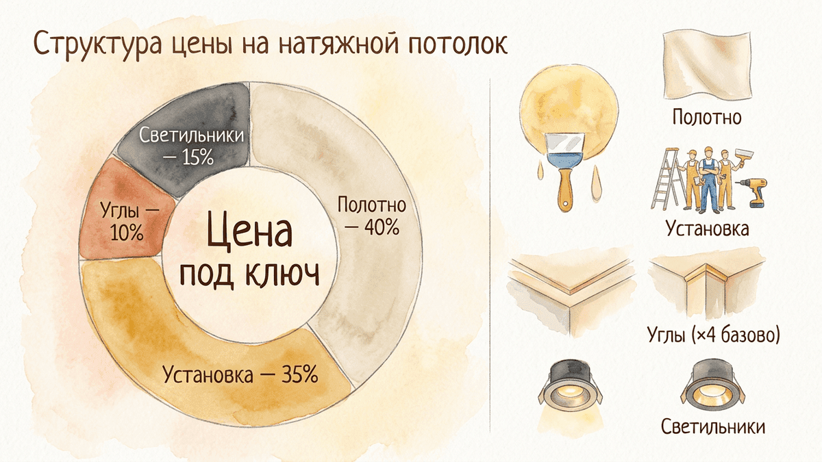 Структура цены натяжного потолка: полотно, установка, углы, светильники